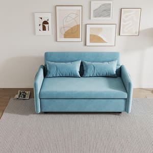 54 in. Light Blue Velvet Twin Size Sofa Bed with 2 Pillows