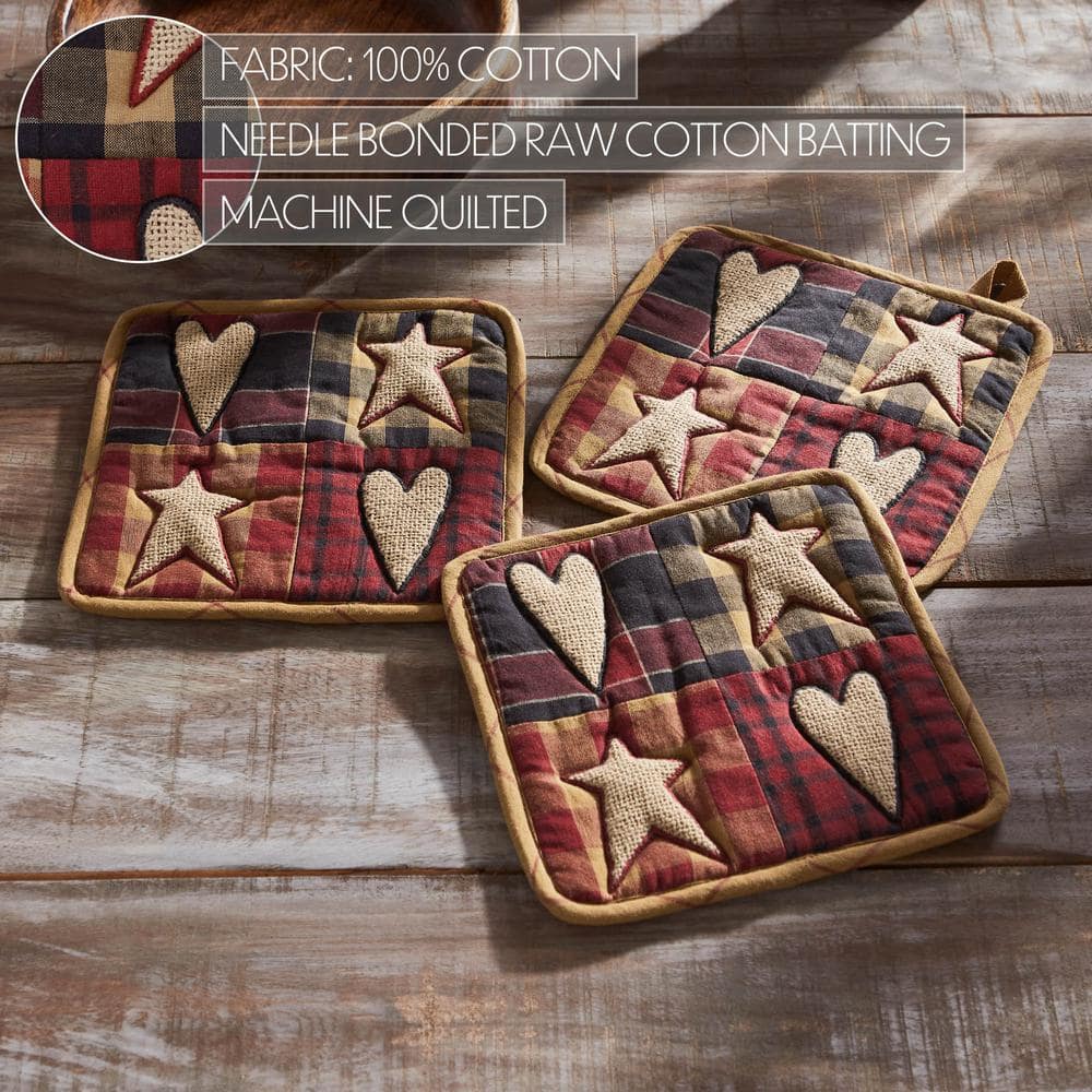 Connell Patchwork Burgundy and Tan Cotton Pot Holder Set