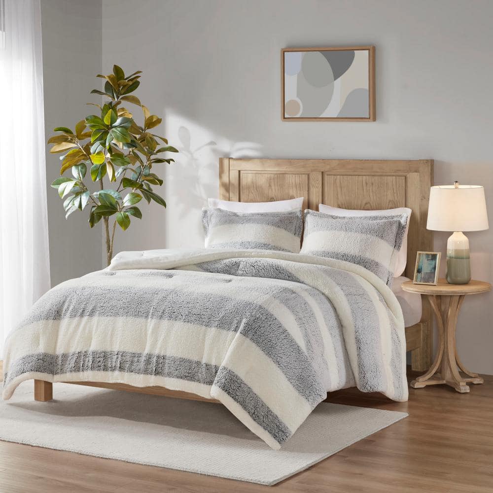 Ivory and Gray Twin Reversible Sherpa Comforter Set
