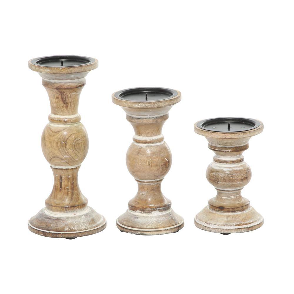 Distressed Light Brown Mango Wood Candle Holder Set