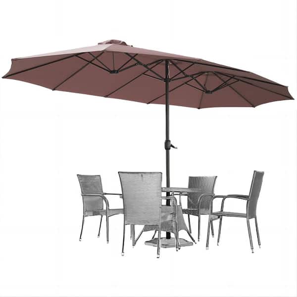 Outdoor 15 ft. Steel Market Patio Umbrella Double-Sided Twin Patio Umbrella with Crank in Brown