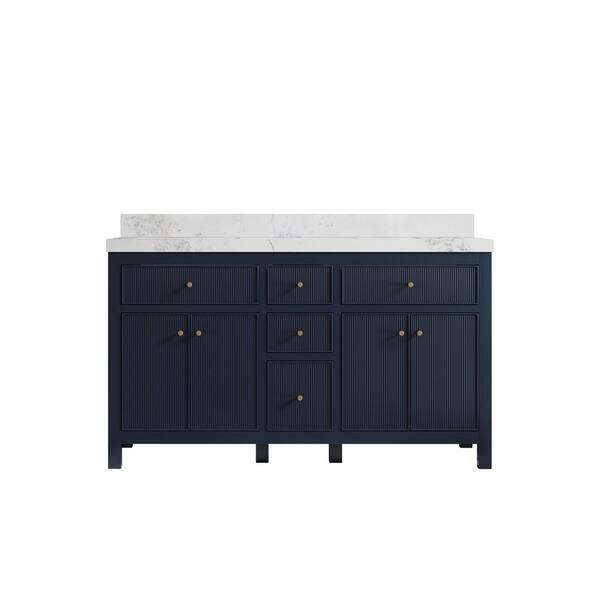 Willow Collections Sonoma 60 in. W x 22 in. D x 36 in. H Double Sink Bath Vanity in Navy Blue with 2 in. Calacatta Nuvo Top