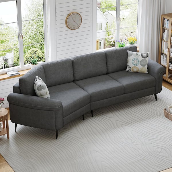 Harper & Bright Designs 111 in Wide Rolled Arm Chenille Fabric Curved Shape Sofa in. Dark Gray with 2-Printed Pillows