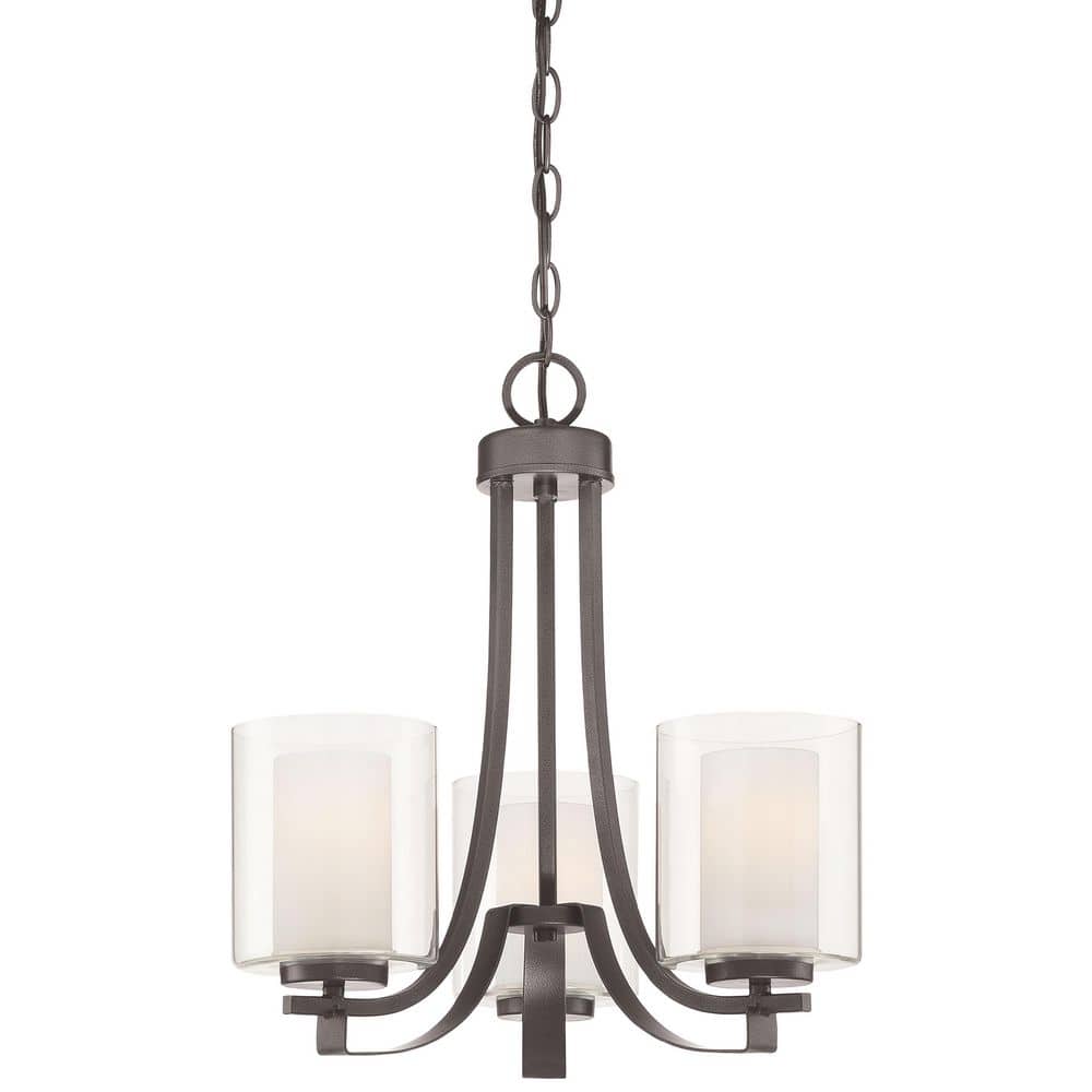 Smoked Iron Mini 3-Light Chandelier with Clear & Etched Glass