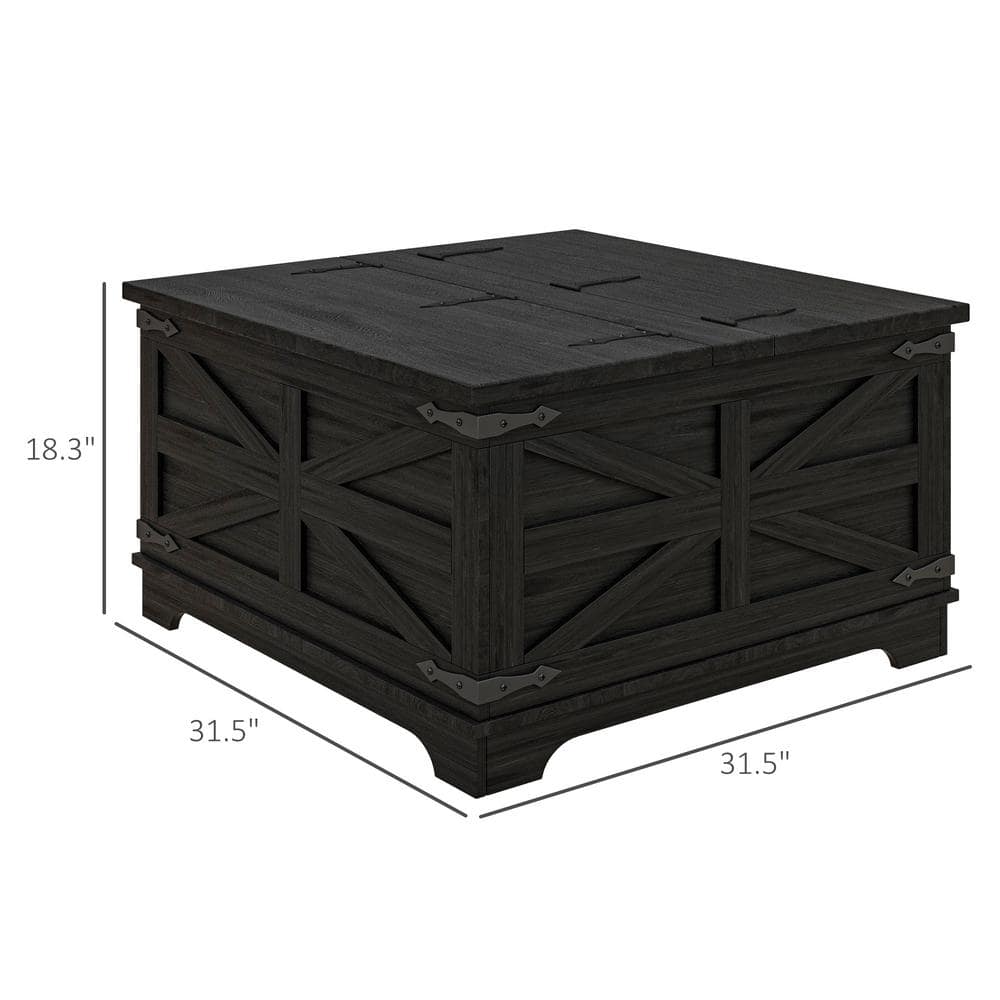 Measurement diagram of the black farmhouse coffee table showing its dimensions.