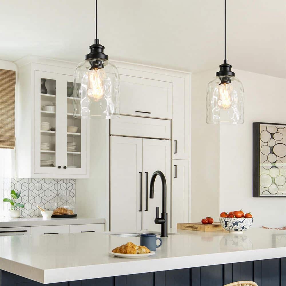 KAWOTI 1-Light Black Mini Island Pendant Light with Textured Glass Shade 21473