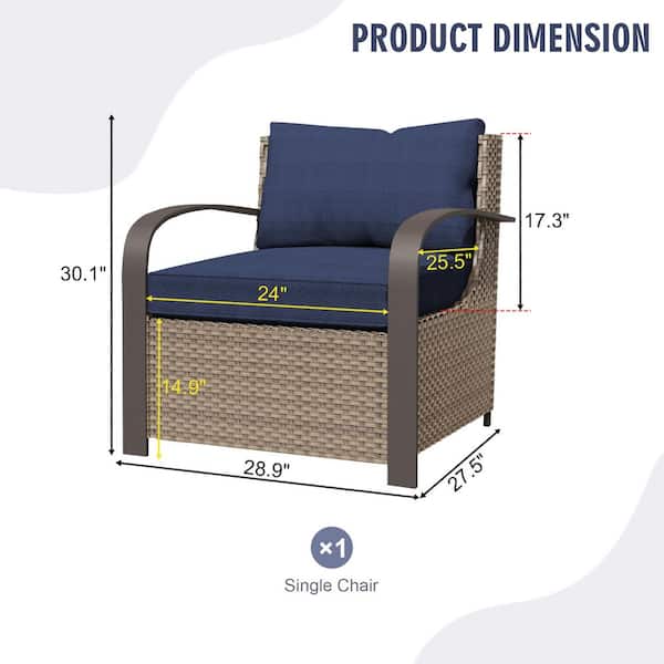 Wicker Patio Outdoor Lounge Chairs with Blue Cushions, Handwoven Rattan