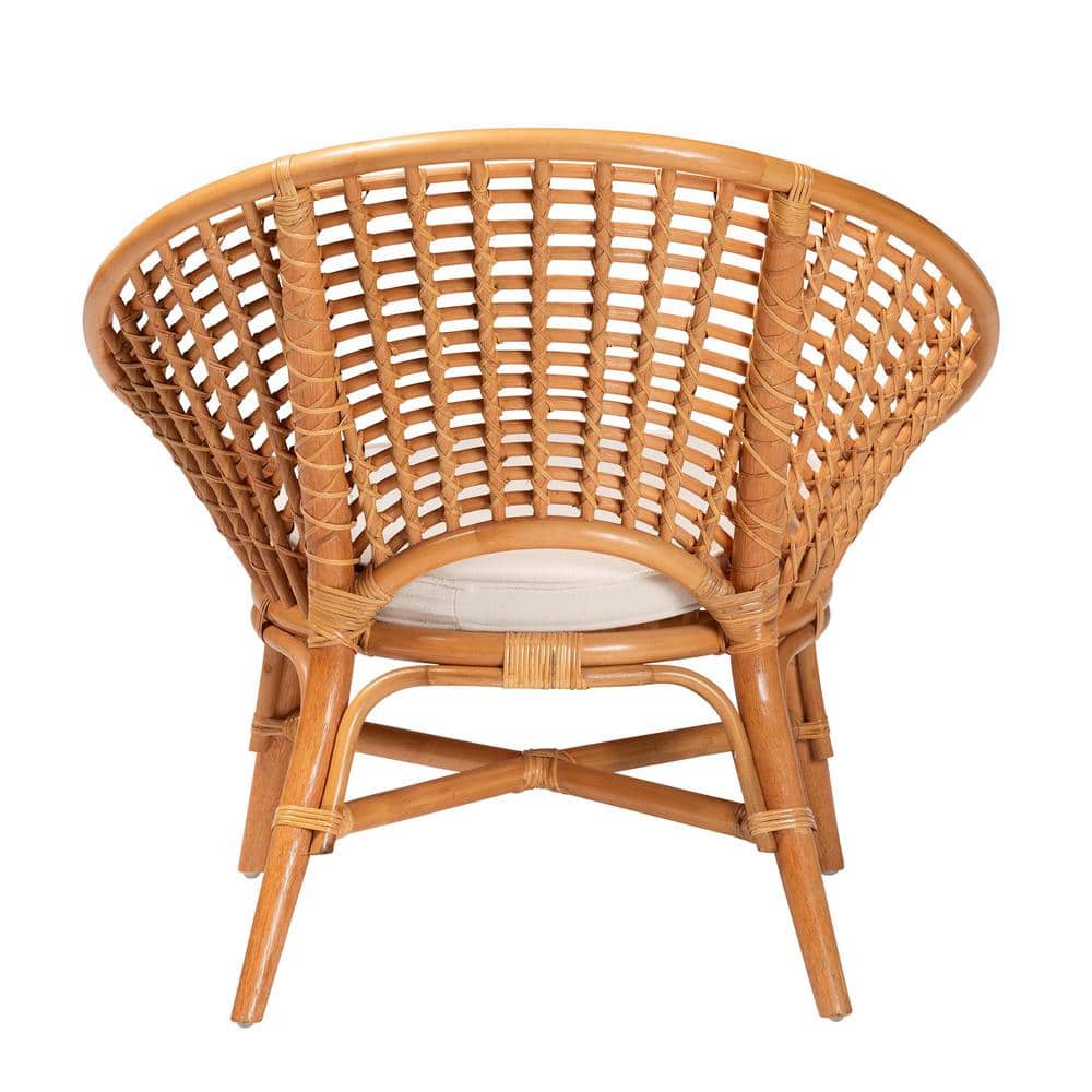 Handcrafted Natural Rattan Bohemian Accent Chair with White Cushion