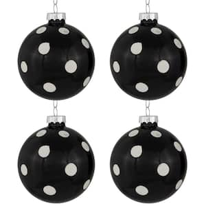 3 in. (80 mm) Black and White Polka Dots Christmas Glass Ball Ornaments (Set of 4)