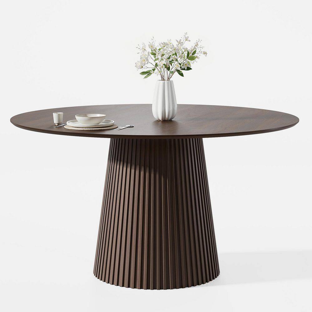 Modern Round Teak Wood Top Walnut Wood Color 52 in. Column Pedestal Base Dining Table Seats 6