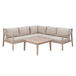 Tryton Natural Brown 4-Piece Wood frame Outdoor Sectional with Beige Olefin Cushion