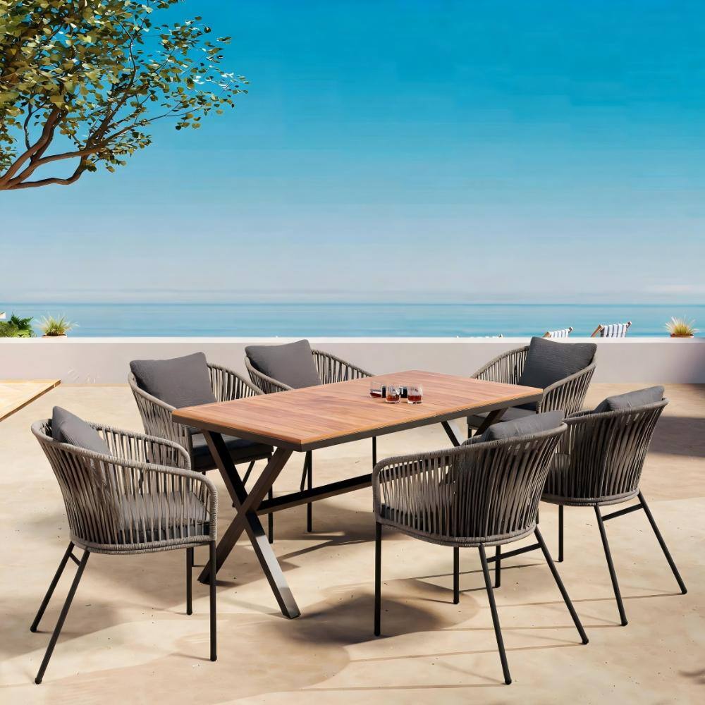 7 Pieces Acacia Wood Outdoor Dining Set With Grey cushion All-Weather Furniture Set for Garden,Backyard