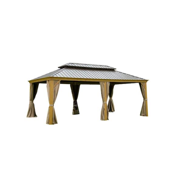 14 ft. x 20 ft. Outdoor Yellow Brown Aluminum Hardtop Gazebos with Double Galvanized Steel Roof with Curtain and Netting