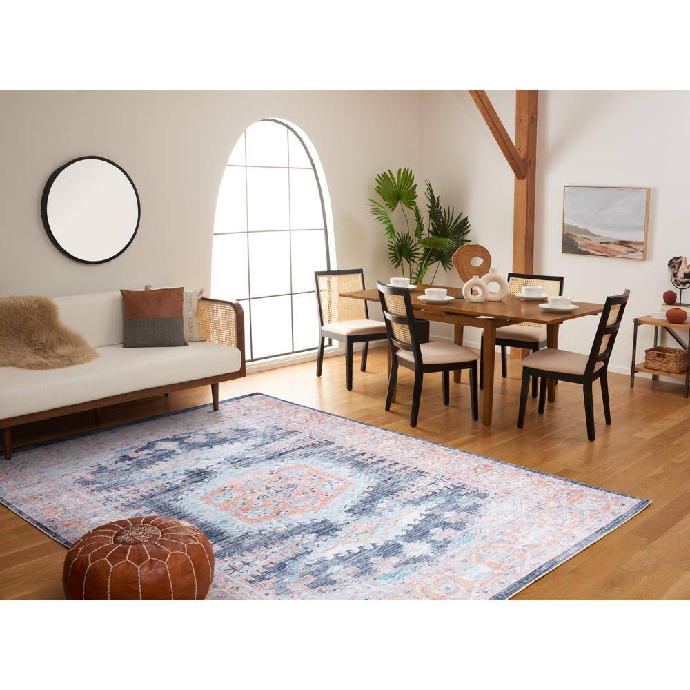 Blue and Terracotta 10' x 14' Washable Viscose Chenille Area Rug