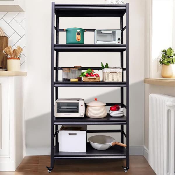 Amucolo 5-Tier Black Adjustable Heavy Duty Metal Garage Shelving Unit with Wheels (35.4 in. W x 72 in. H x 15.8 in. D)