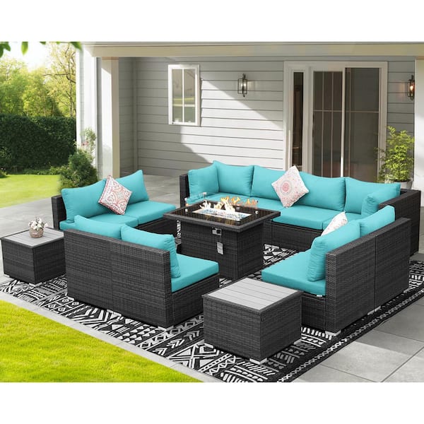 Luxury 13-Piece Grey Wicker Patio Sectional Seating Set with Teal Cushions and 55,000 BTU Firepit Table Coffee Tables
