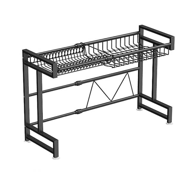 Retractable Over Sink Dish Rack, Single Layer Carbon Steel Kitchen Storage Organizer Black