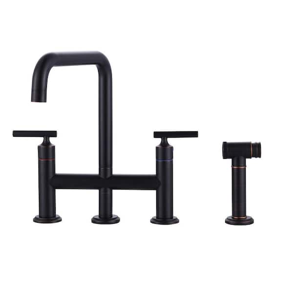 Double Handle Bridge Kitchen Faucet, Deck Mount Kitchen Sink Faucet with Side Sprayer in Oil Rubbed Bronze