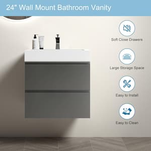 NOBLE 24 in. W x 18 in. D x 25 in. H Single Sink Floating Bath Vanity in Gray with White Solid Surface Top (No Faucet)