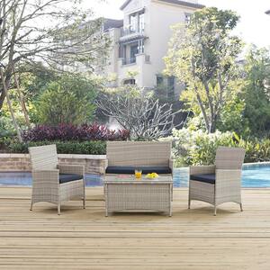Bridge 4-Piece Wicker Outdoor Patio Conversation Set in Light Gray with Navy Cushions