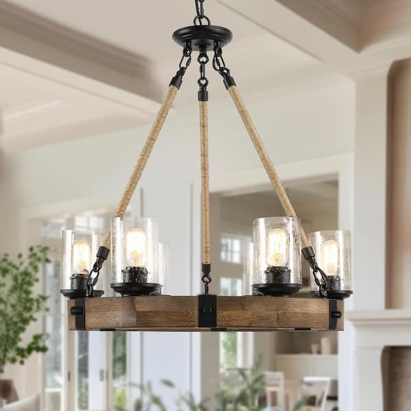 25 in. W Farmhouse Chandelier 6-Light Black Wagon Wheel Wood Island Chandelier with Clear Seeded Glass Shade and Ropes