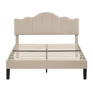 Platform Bed Frame, Beige Metal Frame Queen Size Platform Bed with Headboard Fabric Upholstered Wood Slat Support