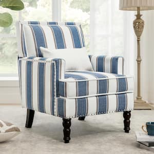 35 in. Blue White Stripes Fabric Classic Accent Chair Solid Wood Upholstered Armchair with Cushion Nailhead