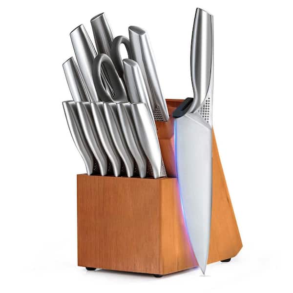 14-Piece Stainless Steel German Knife Set with Block & Built-in Knife Sharpener, Dishwasher Safe, Concave-dotted Handle