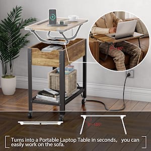 23.62 in. Weathered Rustic Oak Versatile End & Side Table with Removable Top, Casters, Outlet, and Storage Shelf