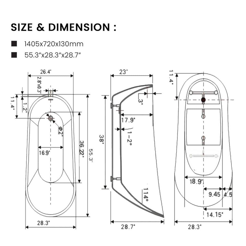 Maya 55" White Acrylic Freestanding Soaking Bathtub