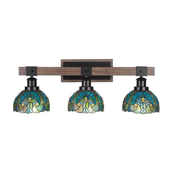 Unbranded Richmond 27 in. 3-Light Vanity Light Matte Black and Painted Wood-look Metal with 7 in. Art Glass no bulbs included