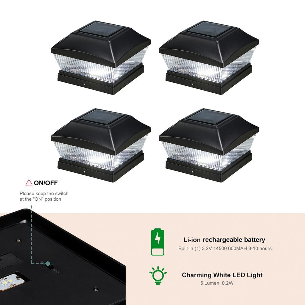 Black Solar Powered LED Fence Post Cap Lights Set of 4