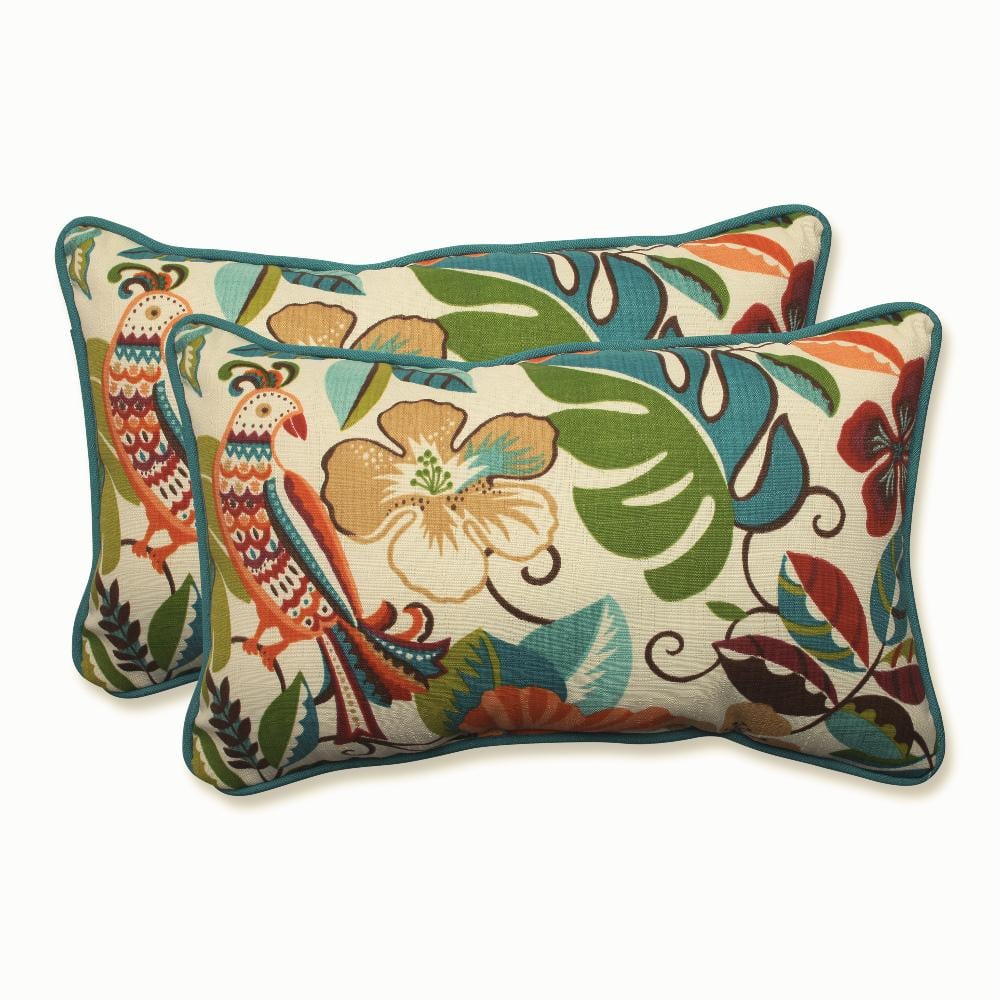 Set of 2 Off-White Jungle Floral Lumbar Throw Pillows