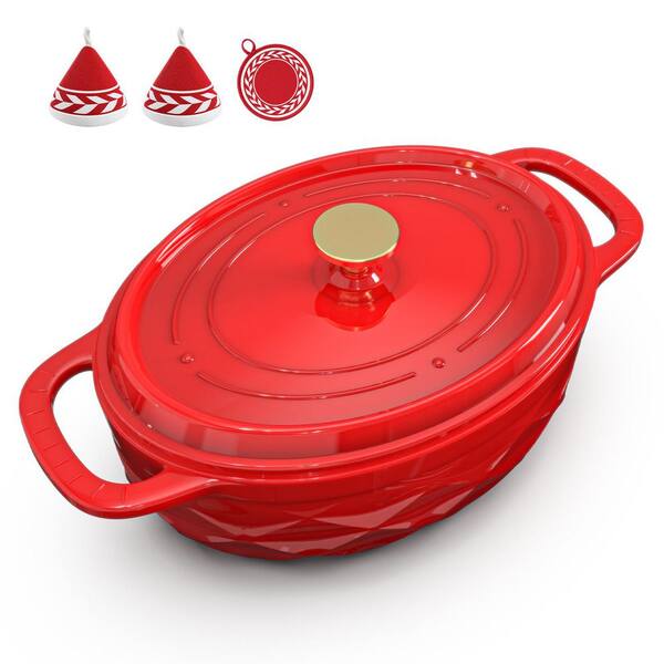 7.5 qt. Oval Enameled Cast Iron Dutch Oven in Red with Oven Mitts and Pot Holder for Baking, Braising, and Stewing