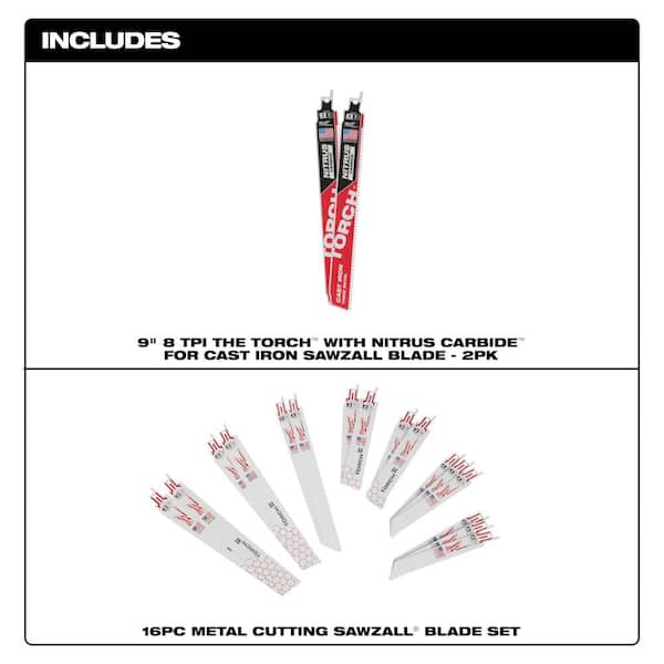Metal Cutting Bi-Metal Reciprocating Blade Set (16-Piece) With 9 in. 7 TPI TORCH Nitrus Reciprocating Blade (2-Pack)
