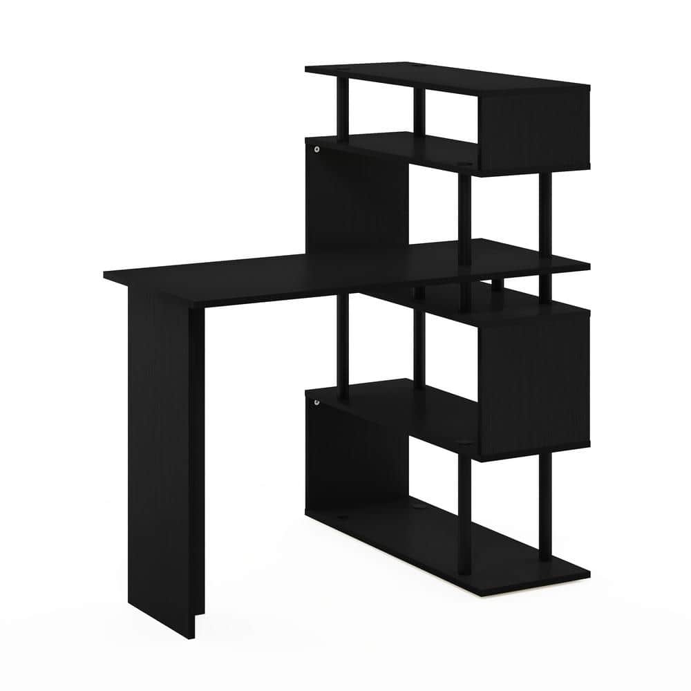 L-Shape Black Wood Corner Computer Desk with 5-Tier Shelves