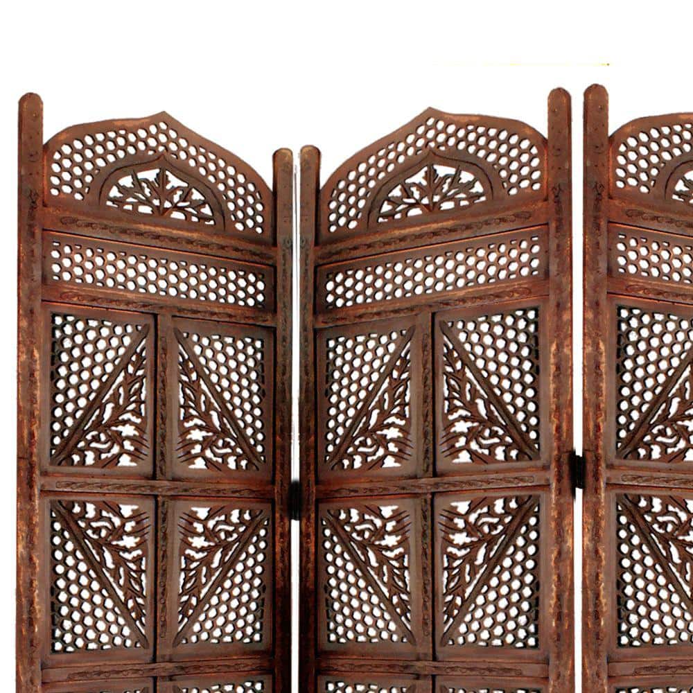 Antique Brown Hand Carved Mango Wood Four Panel Room Divider
