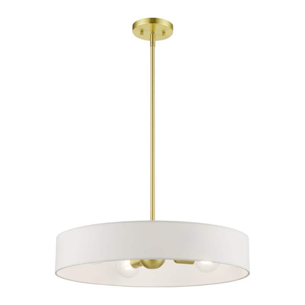 Satin Brass 22" Drum Pendant with Off-White Fabric Shade