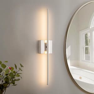 Byers 23.6 in. 1-Light Nickel Linear Dimmable LED 3000K Bathroom Vanity Light Wall Sconce with Rectangular Backplate