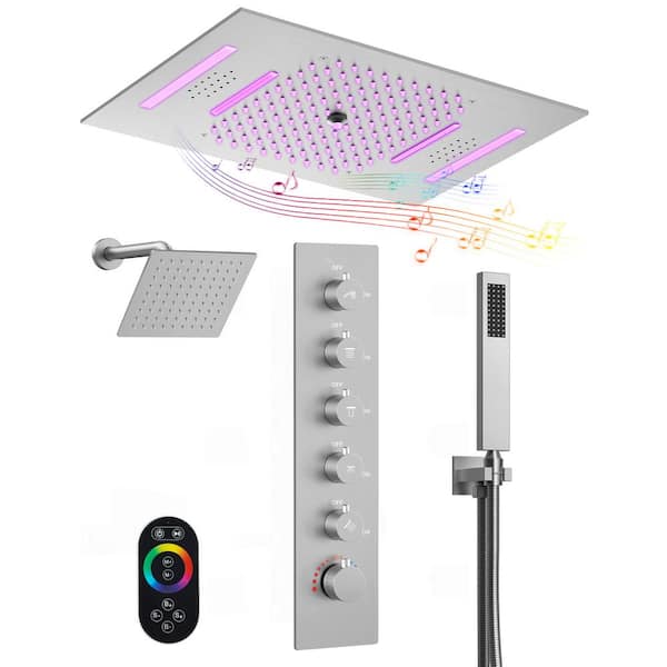 5-Spray 23x15 in. Ceiling Mount LED Mood Lighting Music Dual Fixed and Handheld Shower Head in Brushed Nickel