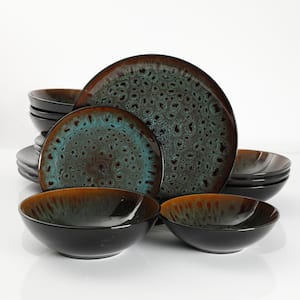 Kyoto 16-Piece Asian Inspired Teal reactive glaze with black and bronze accents Stoneware Dinnerware Set (Service for 4)