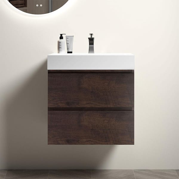 MYCASS 24 in. W x 18.1 in. D x 25.2 in. H Sink Floating Bath Vanity in Rose wood with 1 White solid surface Top