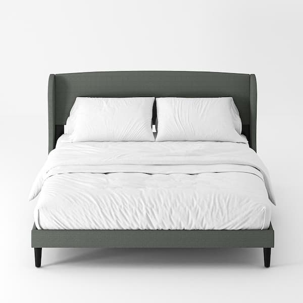 JAYDEN CREATION Eckhard Grey Upholstered Wood Frame Wingback King Platform Bed with Tapered Legs