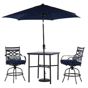 Montclair 3-Piece Steel Outdoor Dining Set with Navy Blue Cushions, 2 Swivel Chairs, 33 in. Table and Umbrella