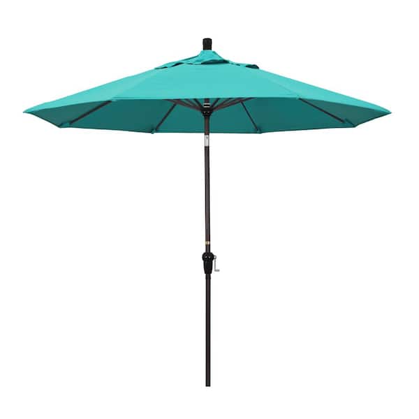 California Umbrella 9 ft. Bronze Aluminum Market Auto-tilt Crank Lift Patio Umbrella in Aruba Sunbrella