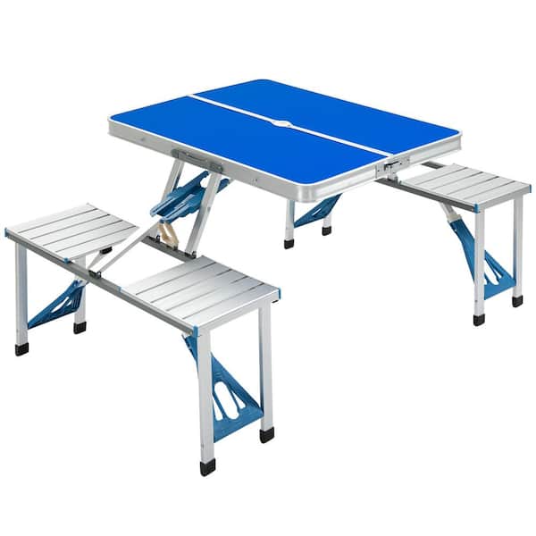 Sudzendf 53.5 in. Ocean Blue Rectangle Aluminum Folding Picnic Table with Umbrella Hole, Portable Outdoor Table with Bench