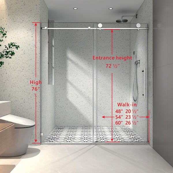 CASAINC 60 in. W x 76 in. H Frameless Shower Door Stainless Steel in Brushed Nickel with Adjustable Soft Closing Function