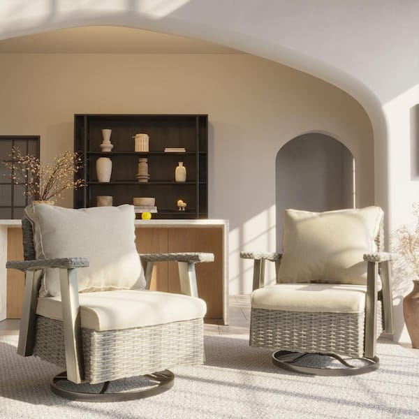 JOYSIDE Wicker Patio Outdoor Rocking Chair Swivel Lounge Chair with Beige Cushion (2-Pack)