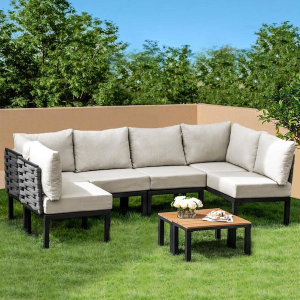INNUMIA 8-Piece Black Metal Outdoor Patio Conversation Set with 6 in. Thick Gray Cushions, U-Shaped Sectional Modular Couch