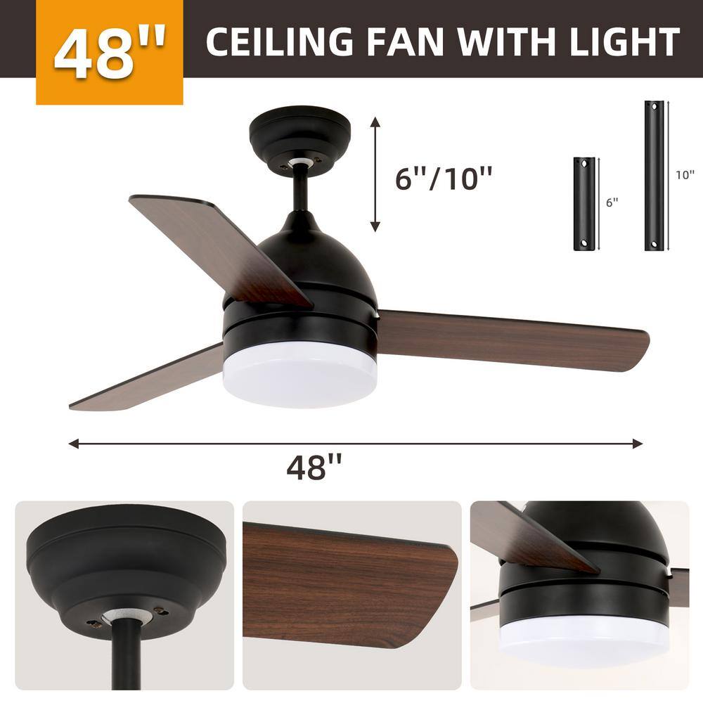 48 in. Black Steel Ceiling Fan with Brown ABS Blades and LED Light